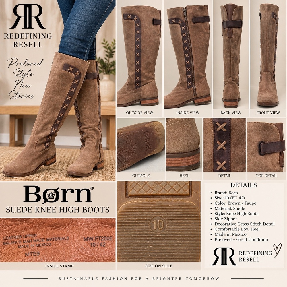 Born Suede Knee High Boots Brown Taupe Cross Stitch Side Zip FT2502 Womens 10 42